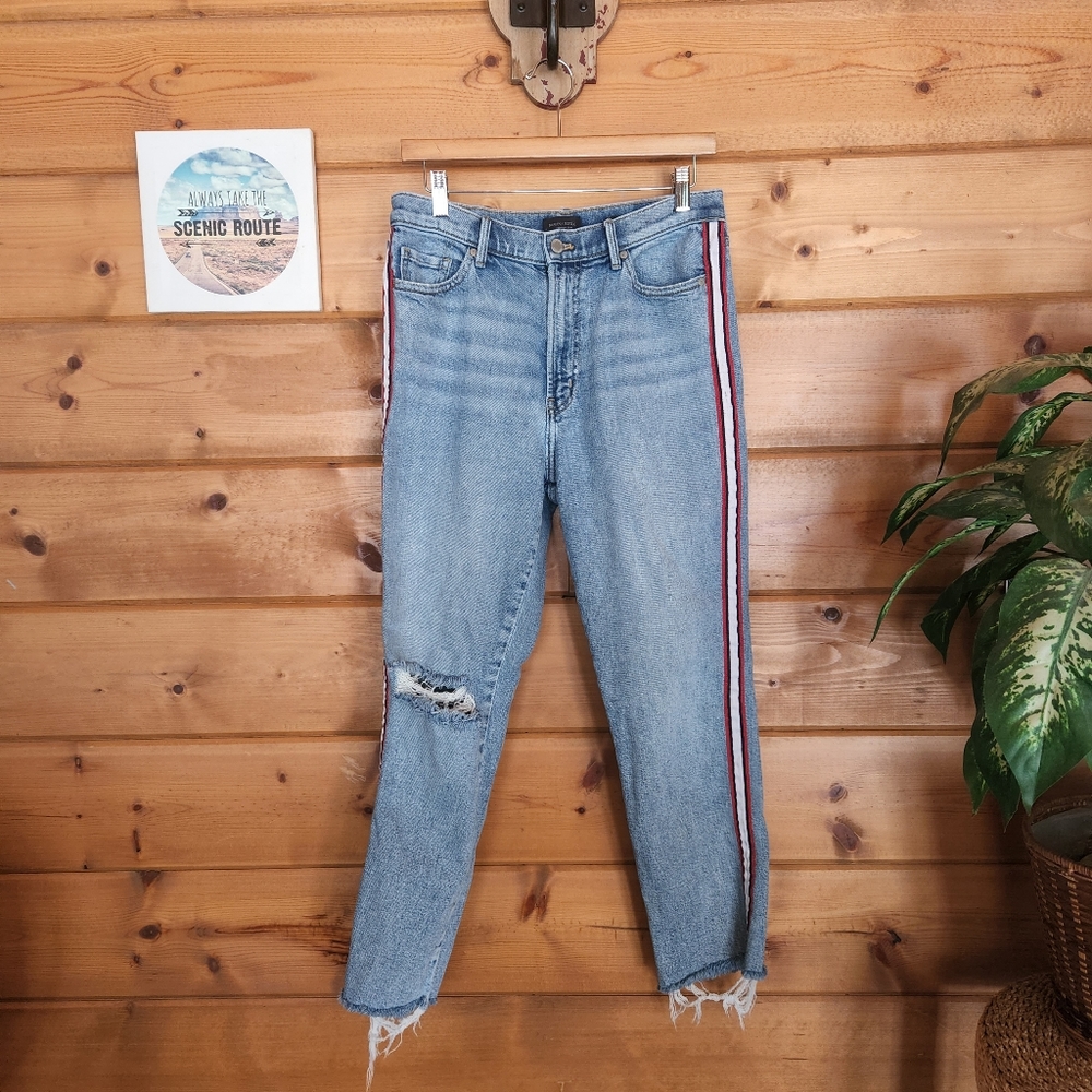 Banana Republic 💜 High Rise Straight Denim Ankle Jean Pinstripe Distress 29 X27